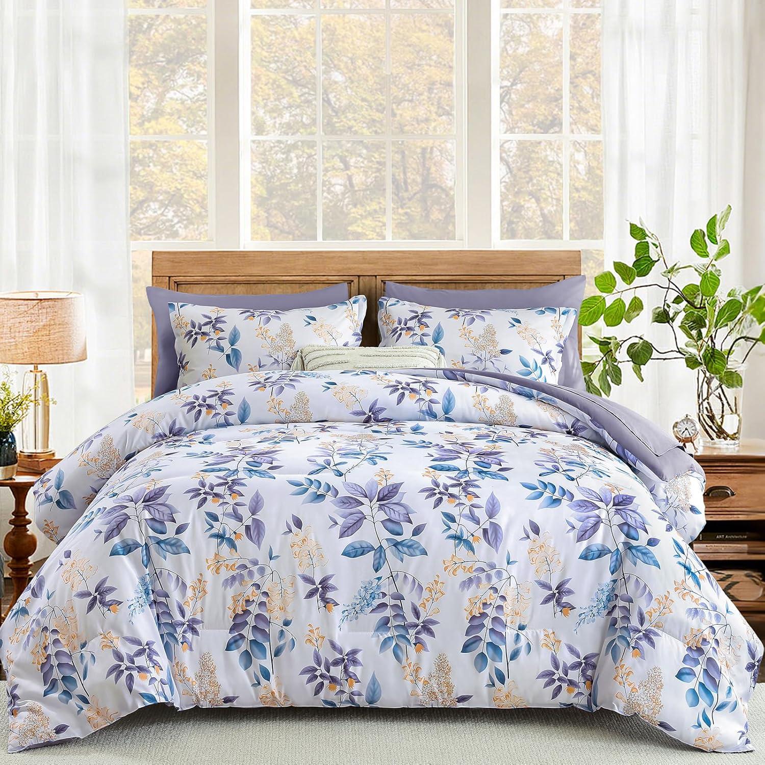 imageQueen Comforter Set 7 Pieces Floral Comforter Bed in A BagCoral Botanical Comforter Set with PillowcasesSoft Microfiber Complete Bedding Sets for All SeasonPurple