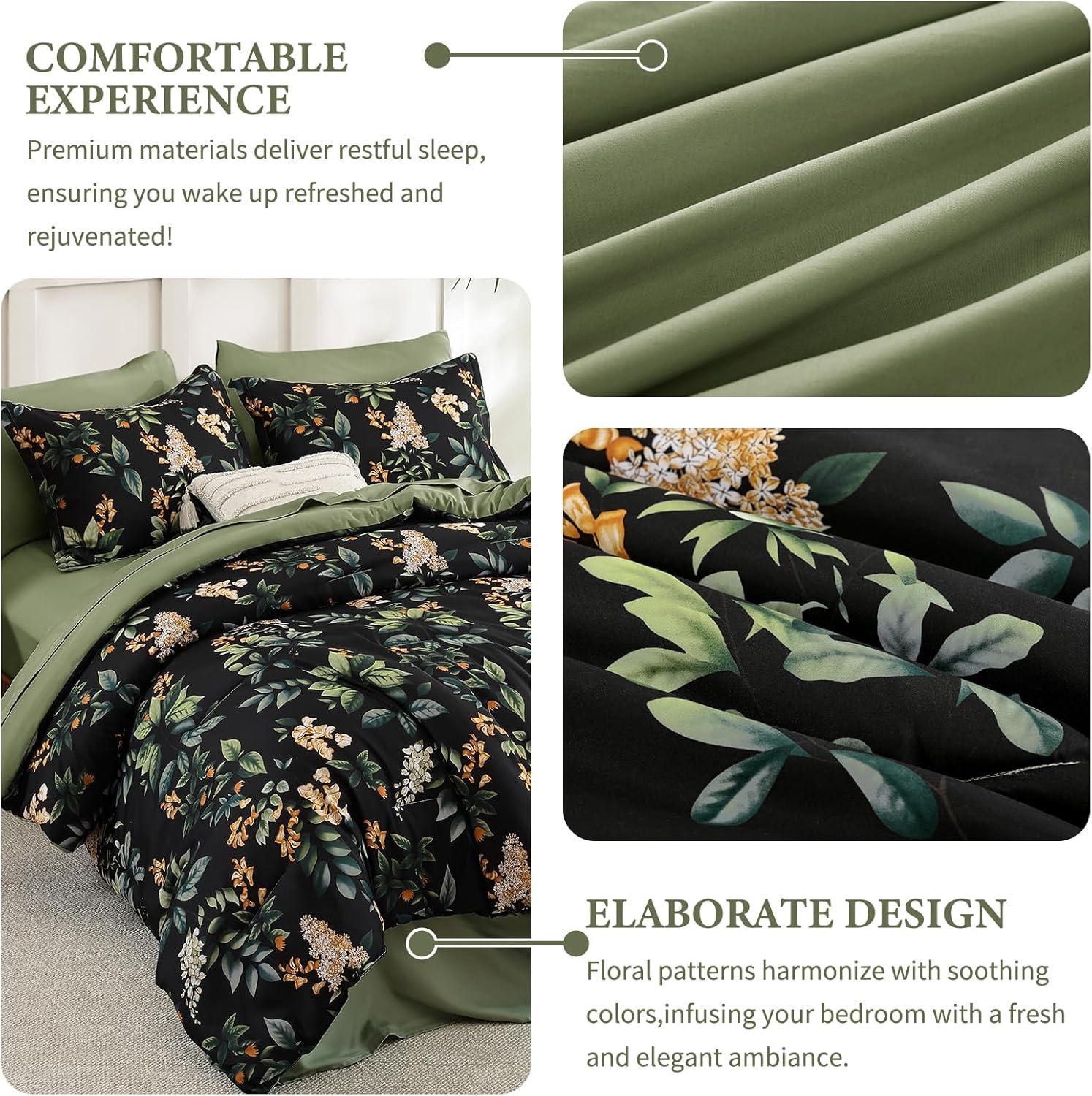 imageQueen Comforter Set 7 Pieces Floral Comforter Bed in A BagCoral Botanical Comforter Set with PillowcasesSoft Microfiber Complete Bedding Sets for All SeasonBlack