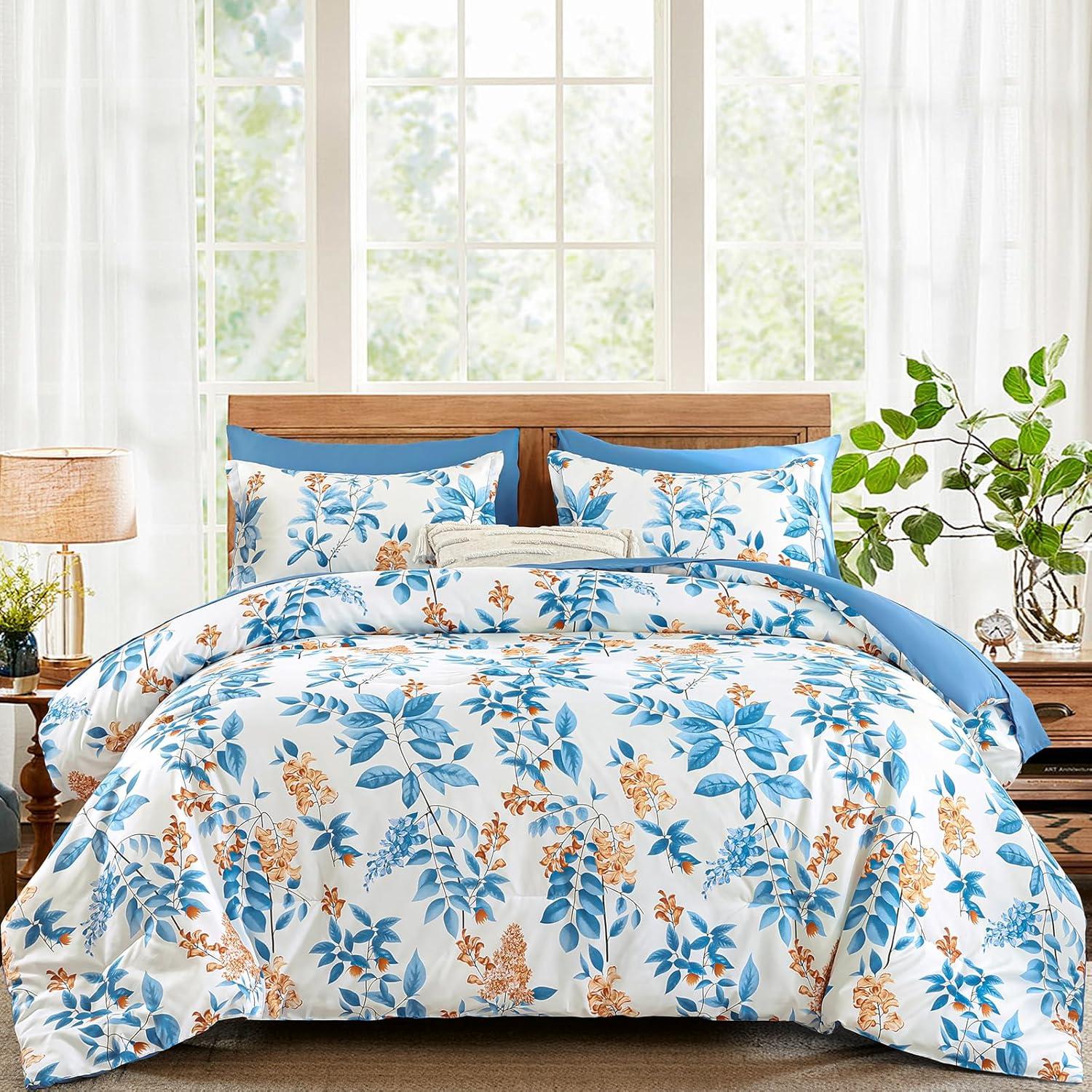 imageQueen Comforter Set 7 Pieces Floral Comforter Bed in A BagCoral Botanical Comforter Set with PillowcasesSoft Microfiber Complete Bedding Sets for All SeasonBlue
