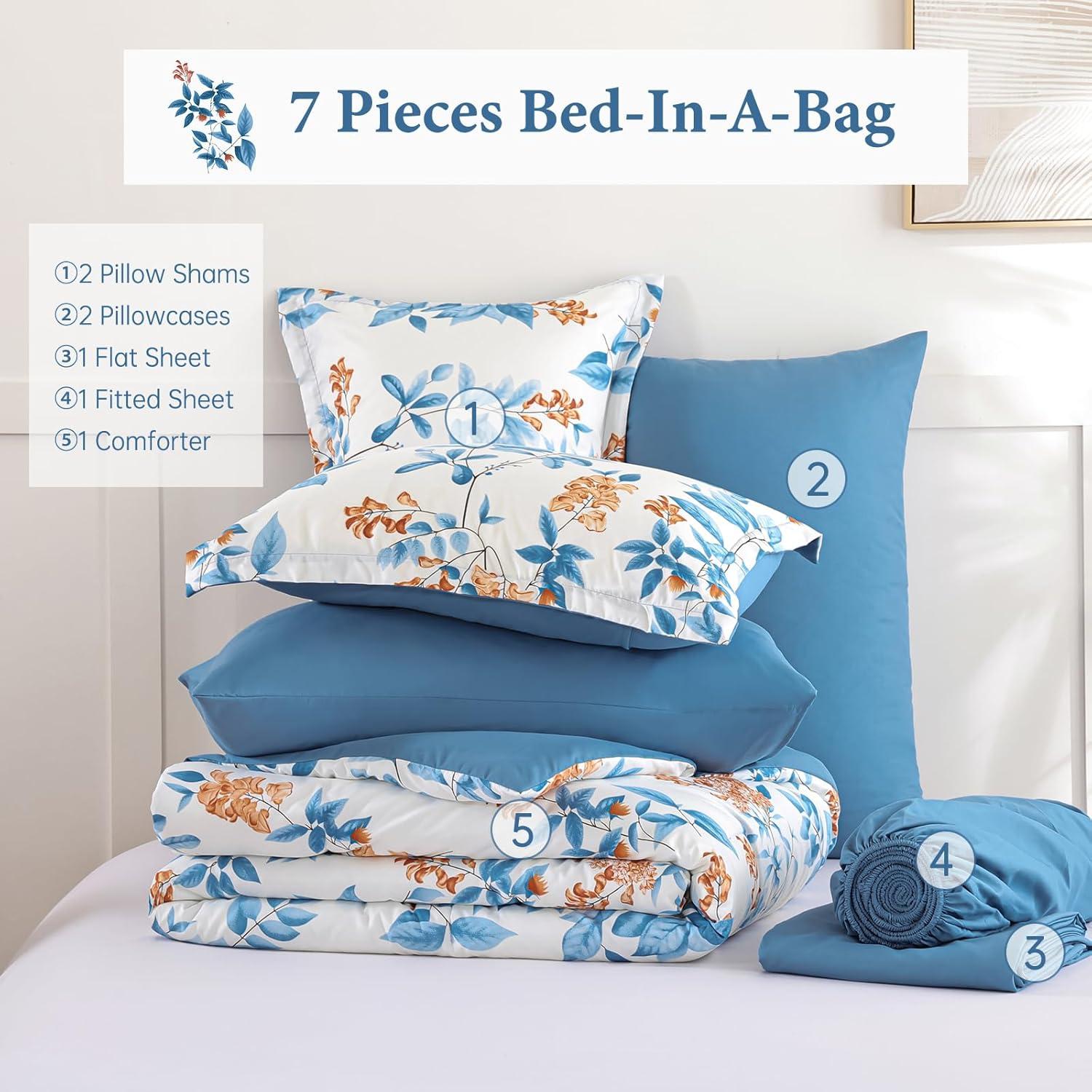 imageQueen Comforter Set 7 Pieces Floral Comforter Bed in A BagCoral Botanical Comforter Set with PillowcasesSoft Microfiber Complete Bedding Sets for All SeasonBlue