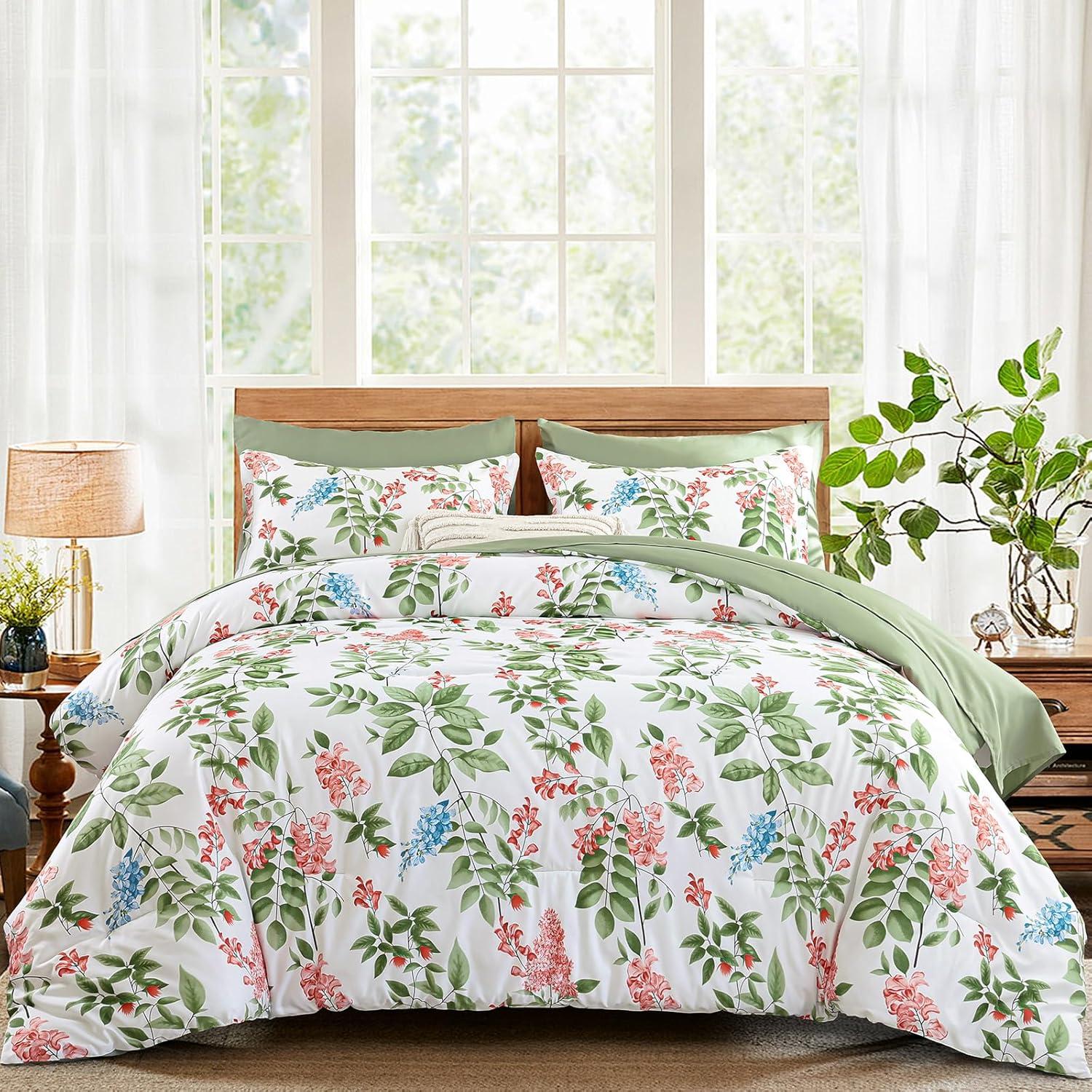 imageQueen Comforter Set 7 Pieces Floral Comforter Bed in A BagCoral Botanical Comforter Set with PillowcasesSoft Microfiber Complete Bedding Sets for All SeasonGreen