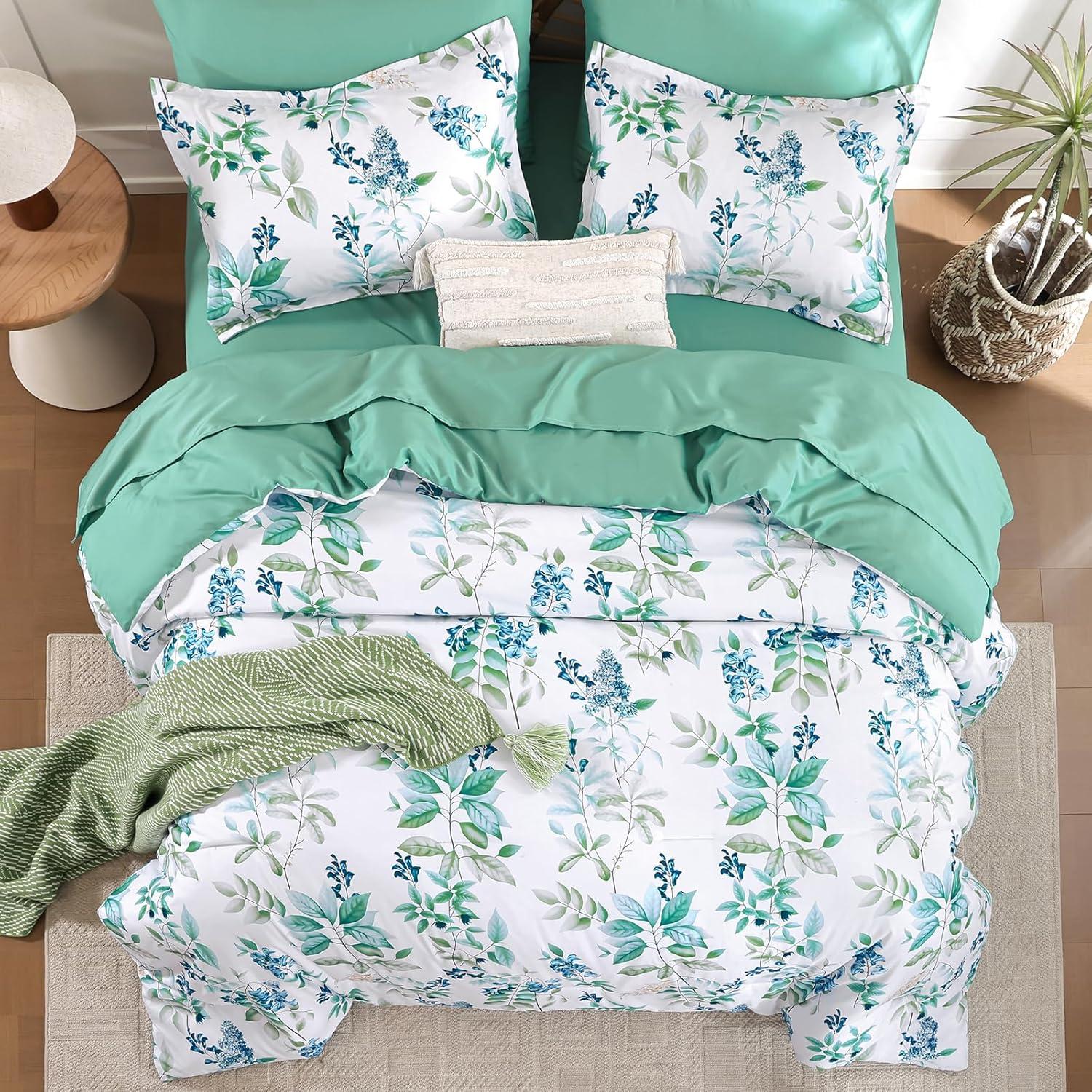 imageQueen Comforter Set 7 Pieces Floral Comforter Bed in A BagCoral Botanical Comforter Set with PillowcasesSoft Microfiber Complete Bedding Sets for All SeasonAqua