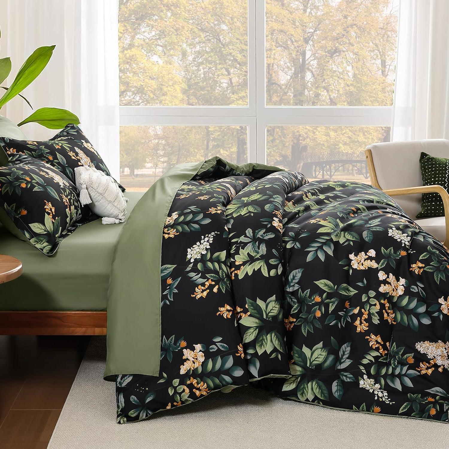 imageQueen Comforter Set 7 Pieces Floral Comforter Bed in A BagCoral Botanical Comforter Set with PillowcasesSoft Microfiber Complete Bedding Sets for All SeasonBlack