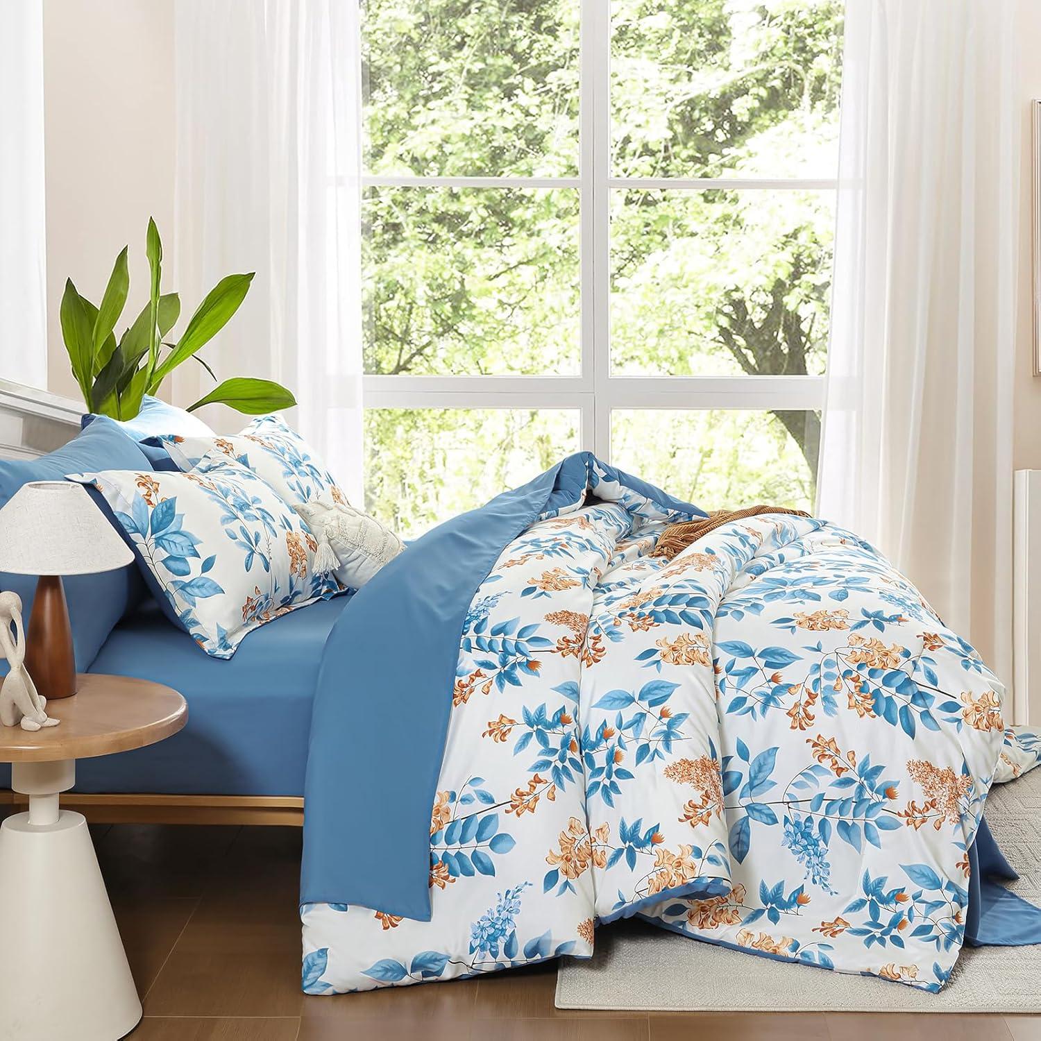 imageQueen Comforter Set 7 Pieces Floral Comforter Bed in A BagCoral Botanical Comforter Set with PillowcasesSoft Microfiber Complete Bedding Sets for All SeasonBlue