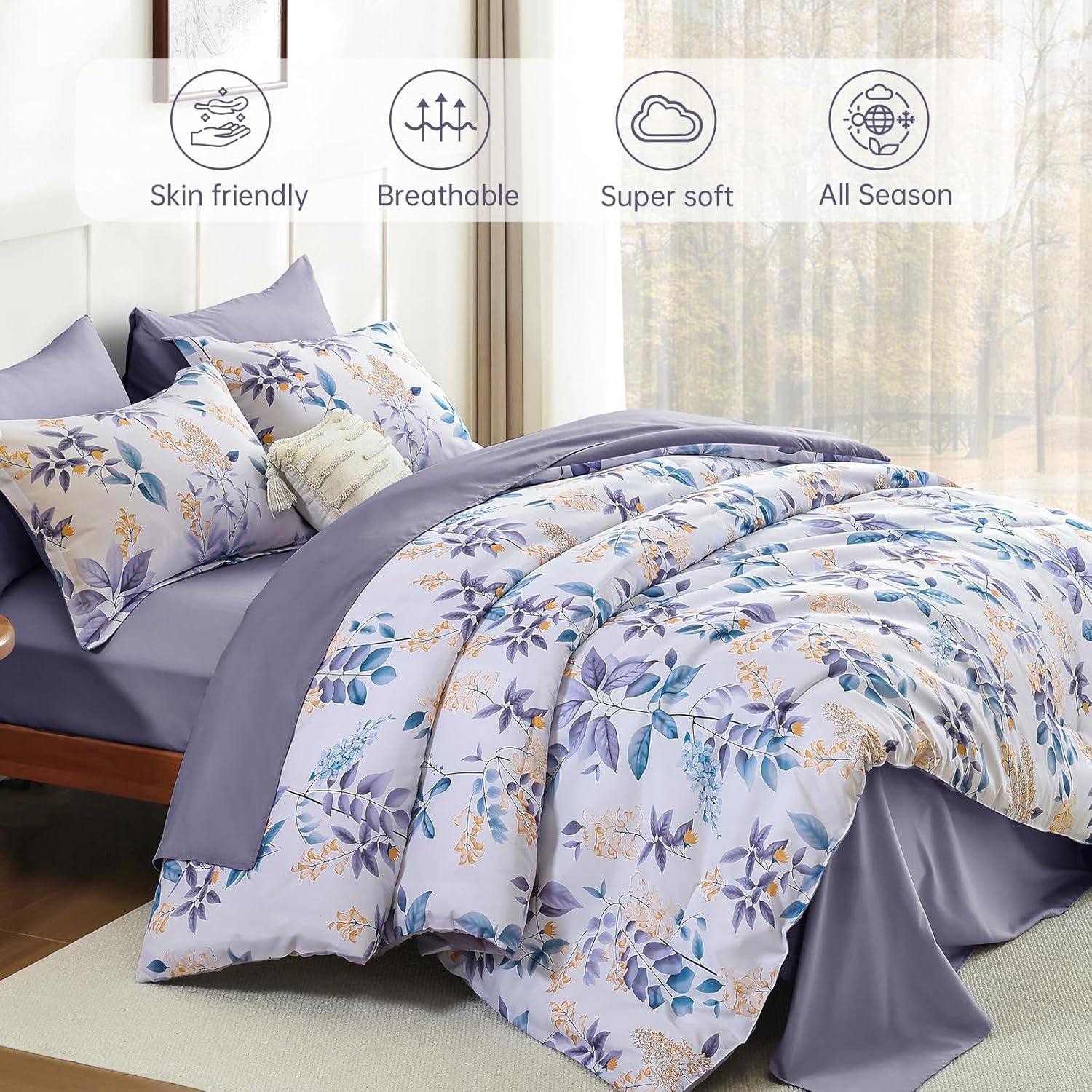 imageQueen Comforter Set 7 Pieces Floral Comforter Bed in A BagCoral Botanical Comforter Set with PillowcasesSoft Microfiber Complete Bedding Sets for All SeasonPurple