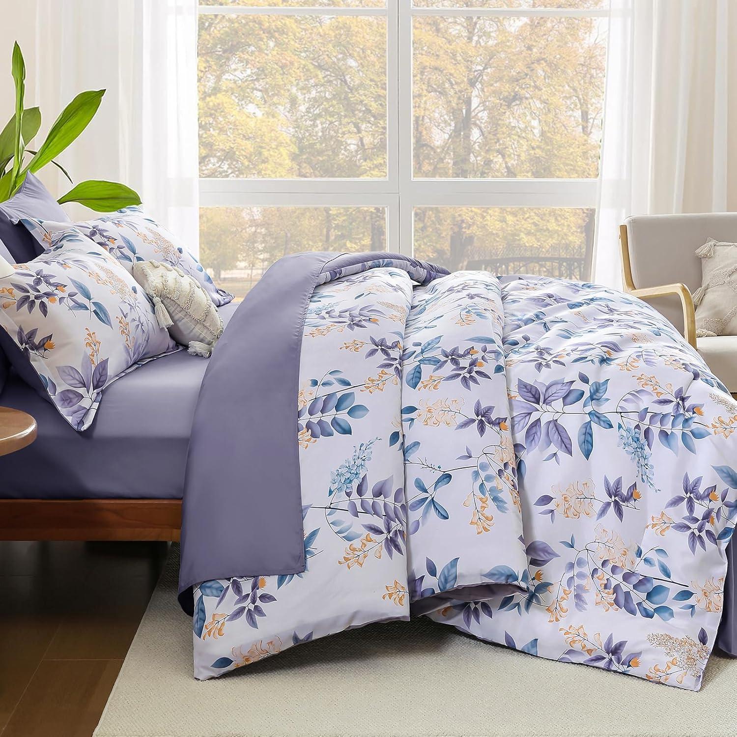 imageQueen Comforter Set 7 Pieces Floral Comforter Bed in A BagCoral Botanical Comforter Set with PillowcasesSoft Microfiber Complete Bedding Sets for All SeasonPurple