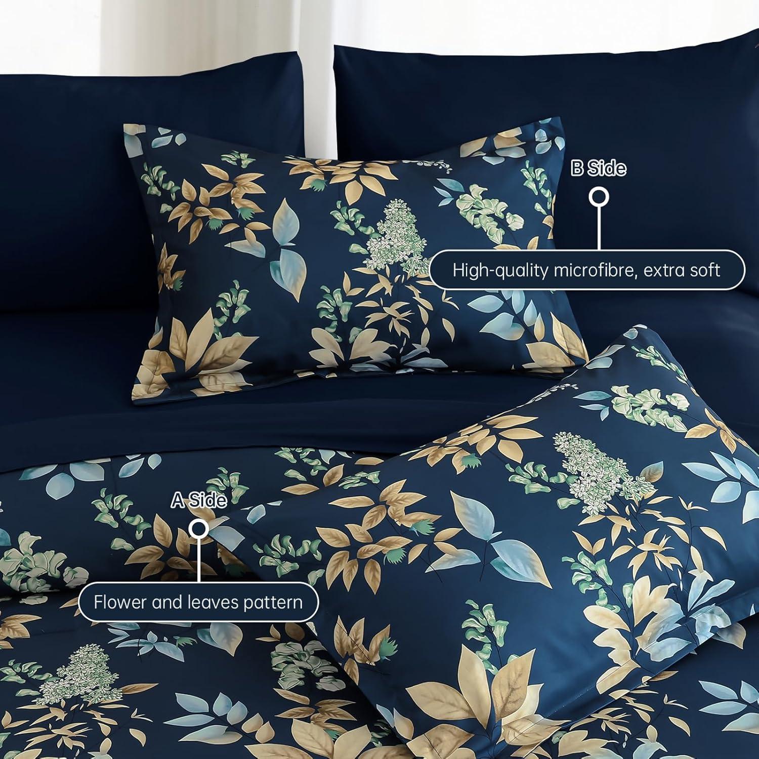 imageQueen Comforter Set 7 Pieces Floral Comforter Bed in A BagCoral Botanical Comforter Set with PillowcasesSoft Microfiber Complete Bedding Sets for All SeasonNavy Blue