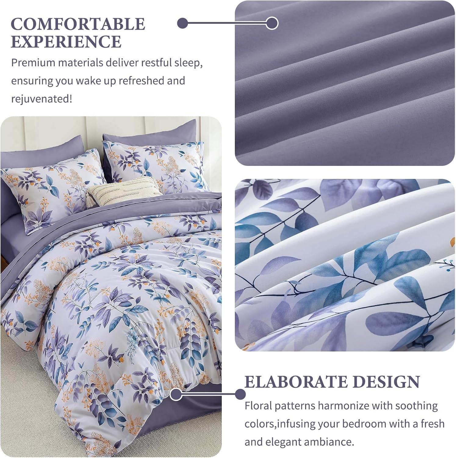 imageQueen Comforter Set 7 Pieces Floral Comforter Bed in A BagCoral Botanical Comforter Set with PillowcasesSoft Microfiber Complete Bedding Sets for All SeasonPurple