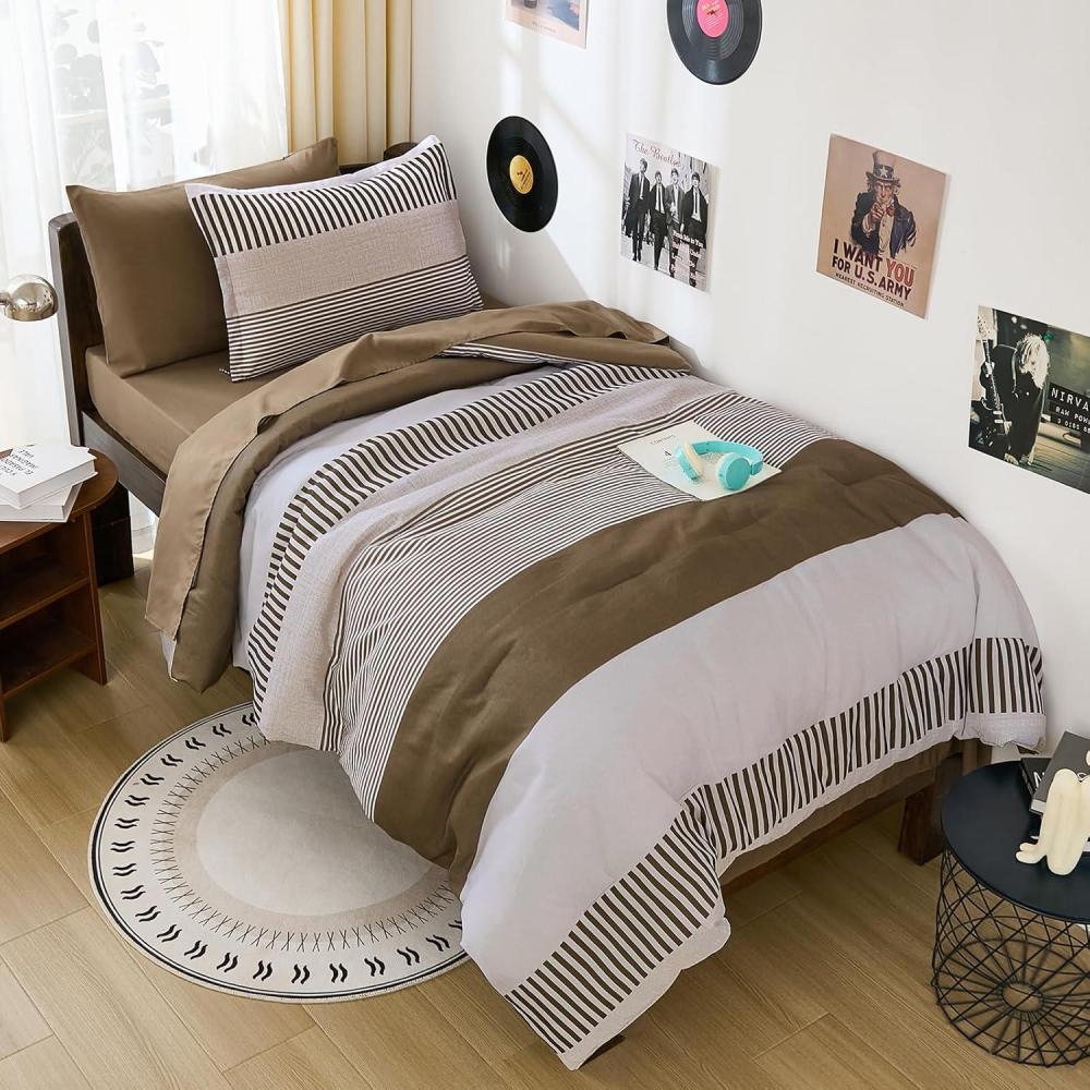 imageBlue Comforter Set Queen SizeBoho Striped Comforters for Boys ampamp Girls7 Pieces Bed in A Bag Simple NeutralStyle Bedding Sets for Kids TeenBrown