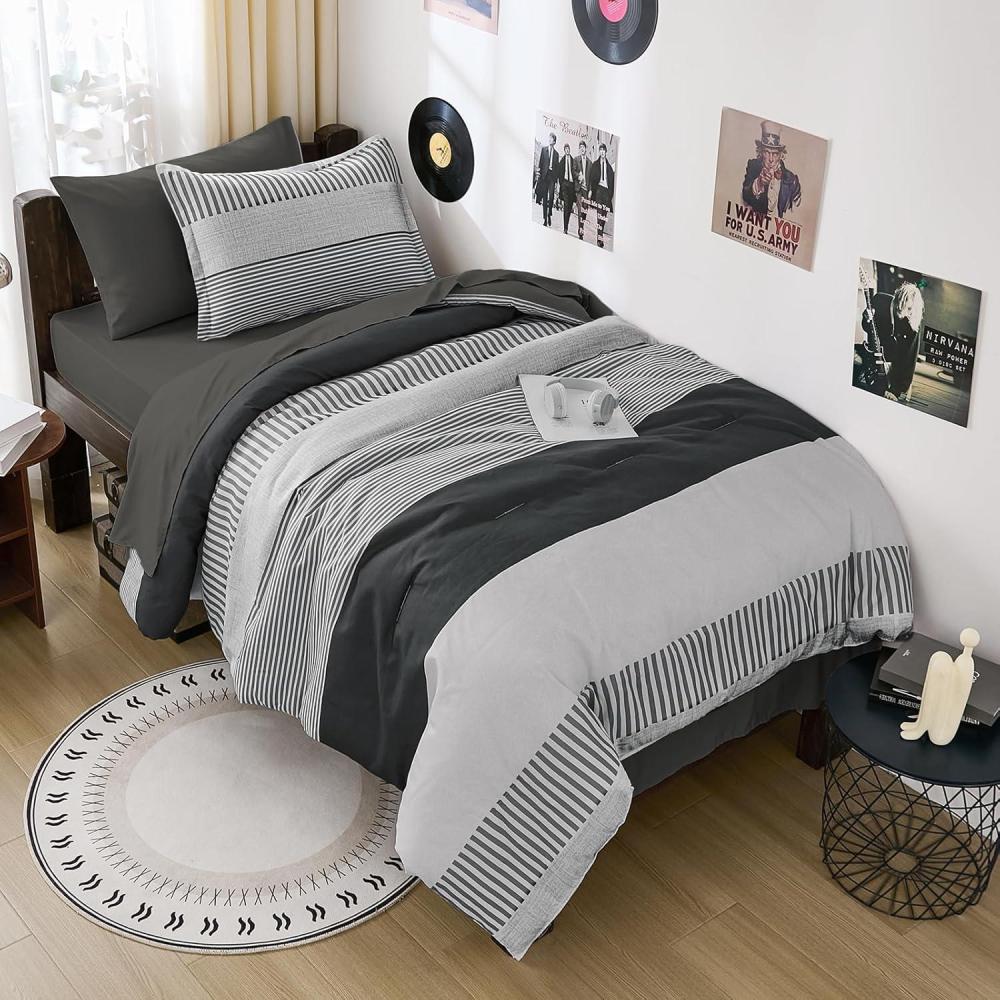 imageBlue Comforter Set Queen SizeBoho Striped Comforters for Boys ampamp Girls7 Pieces Bed in A Bag Simple NeutralStyle Bedding Sets for Kids TeenDark Gray