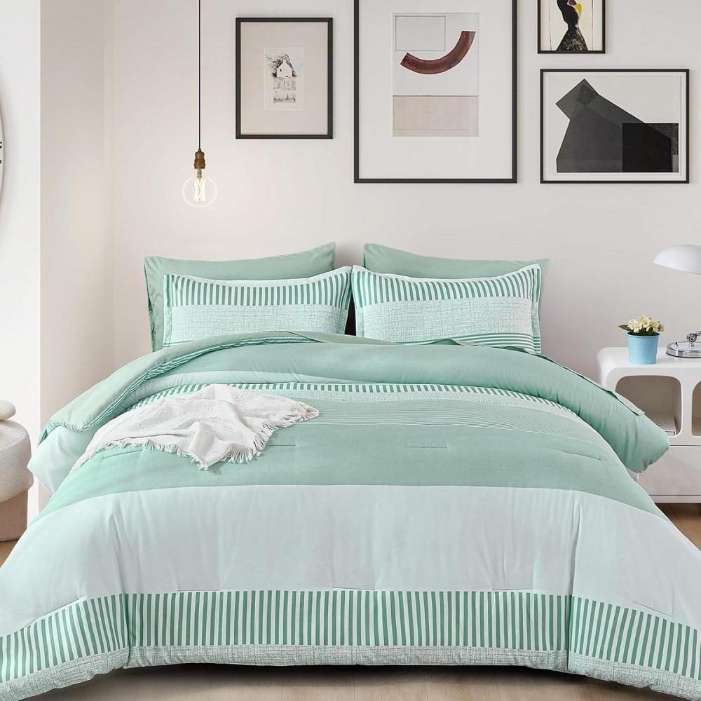 imageBlue Comforter Set Queen SizeBoho Striped Comforters for Boys ampamp Girls7 Pieces Bed in A Bag Simple NeutralStyle Bedding Sets for Kids TeenSage Green