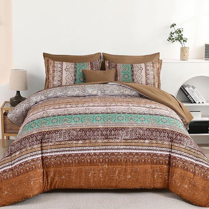 imageBoho Queen Comforter Set 8 Pieces Teal Comforter Bohemian Striped Bed in A BagSoft Microfiber Bedding Set for All SeasonsBrown