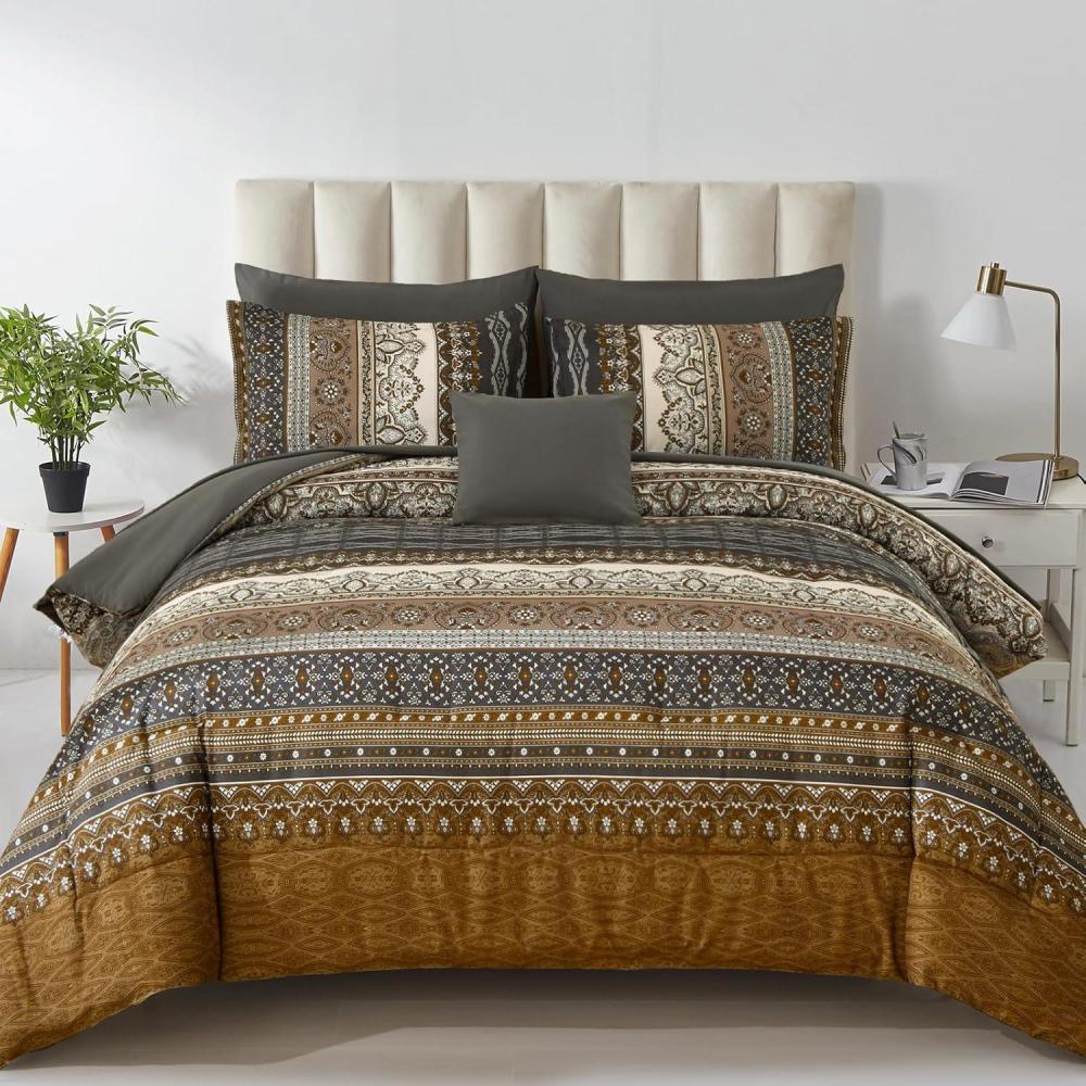 imageBoho Queen Comforter Set 8 Pieces Teal Comforter Bohemian Striped Bed in A BagSoft Microfiber Bedding Set for All SeasonsBrown and Black