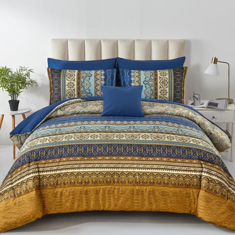 imageBoho Queen Comforter Set 8 Pieces Teal Comforter Bohemian Striped Bed in A BagSoft Microfiber Bedding Set for All SeasonsBrown and Blue