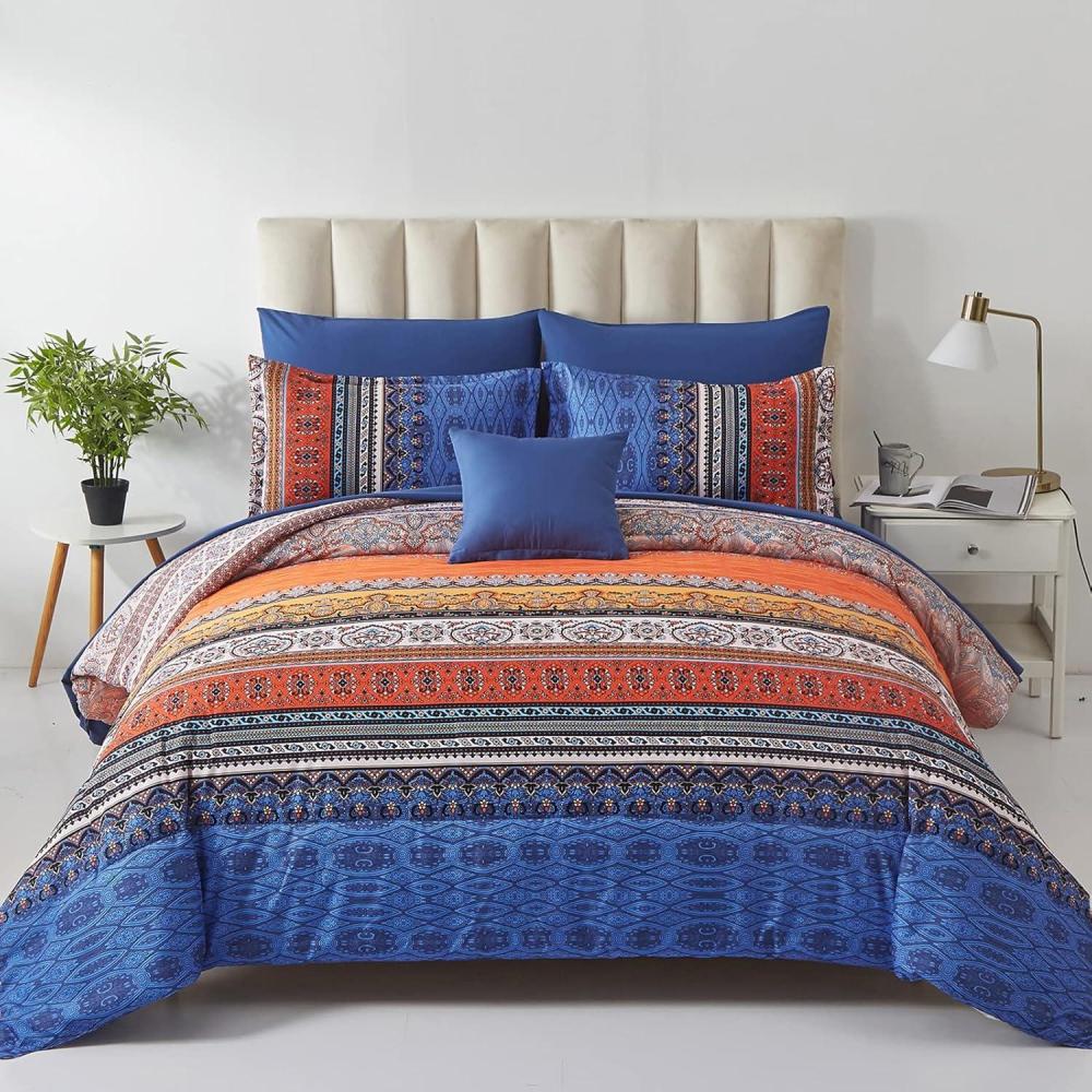 imageBoho Queen Comforter Set 8 Pieces Teal Comforter Bohemian Striped Bed in A BagSoft Microfiber Bedding Set for All SeasonsBurnt Orange