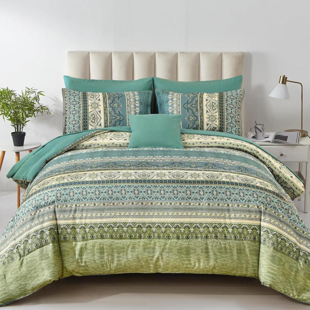 imageBoho Queen Comforter Set 8 Pieces Teal Comforter Bohemian Striped Bed in A BagSoft Microfiber Bedding Set for All SeasonsGreen
