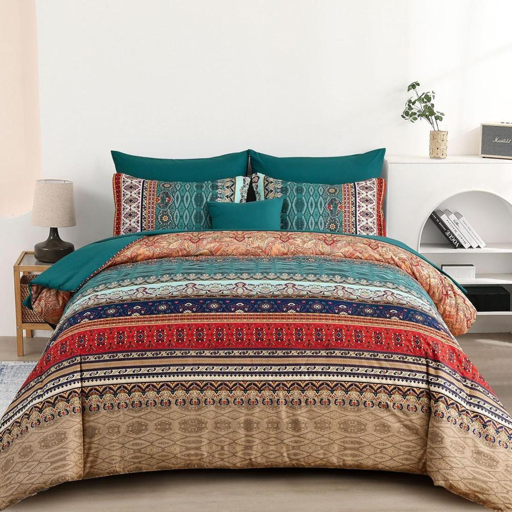 imageBoho Queen Comforter Set 8 Pieces Teal Comforter Bohemian Striped Bed in A BagSoft Microfiber Bedding Set for All SeasonsGreen and Brown