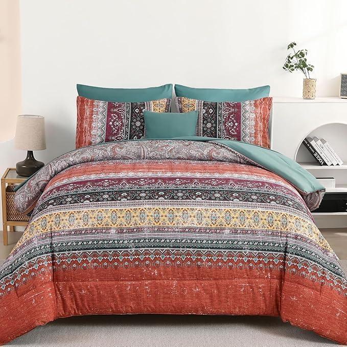 imageBoho Queen Comforter Set 8 Pieces Teal Comforter Bohemian Striped Bed in A BagSoft Microfiber Bedding Set for All SeasonsOrange and Green