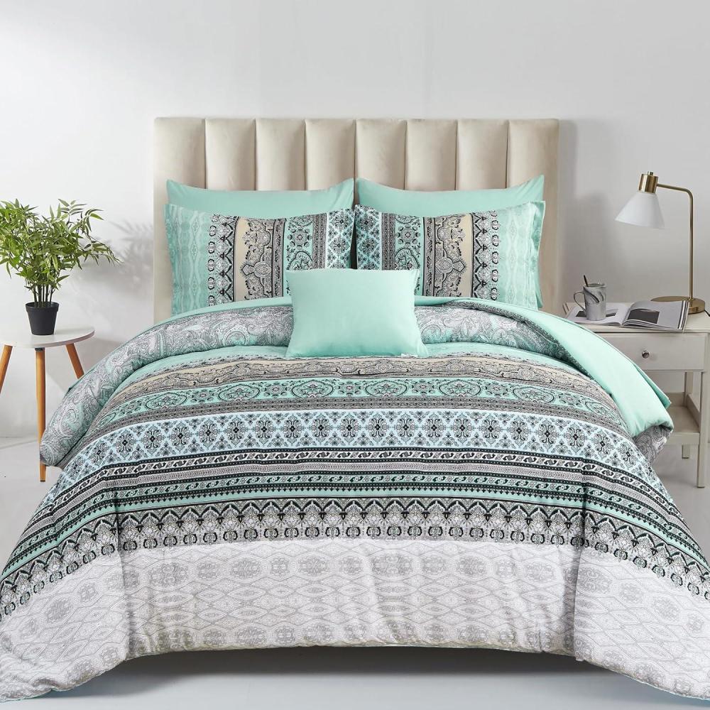 imageBoho Queen Comforter Set 8 Pieces Teal Comforter Bohemian Striped Bed in A BagSoft Microfiber Bedding Set for All SeasonsSage Green