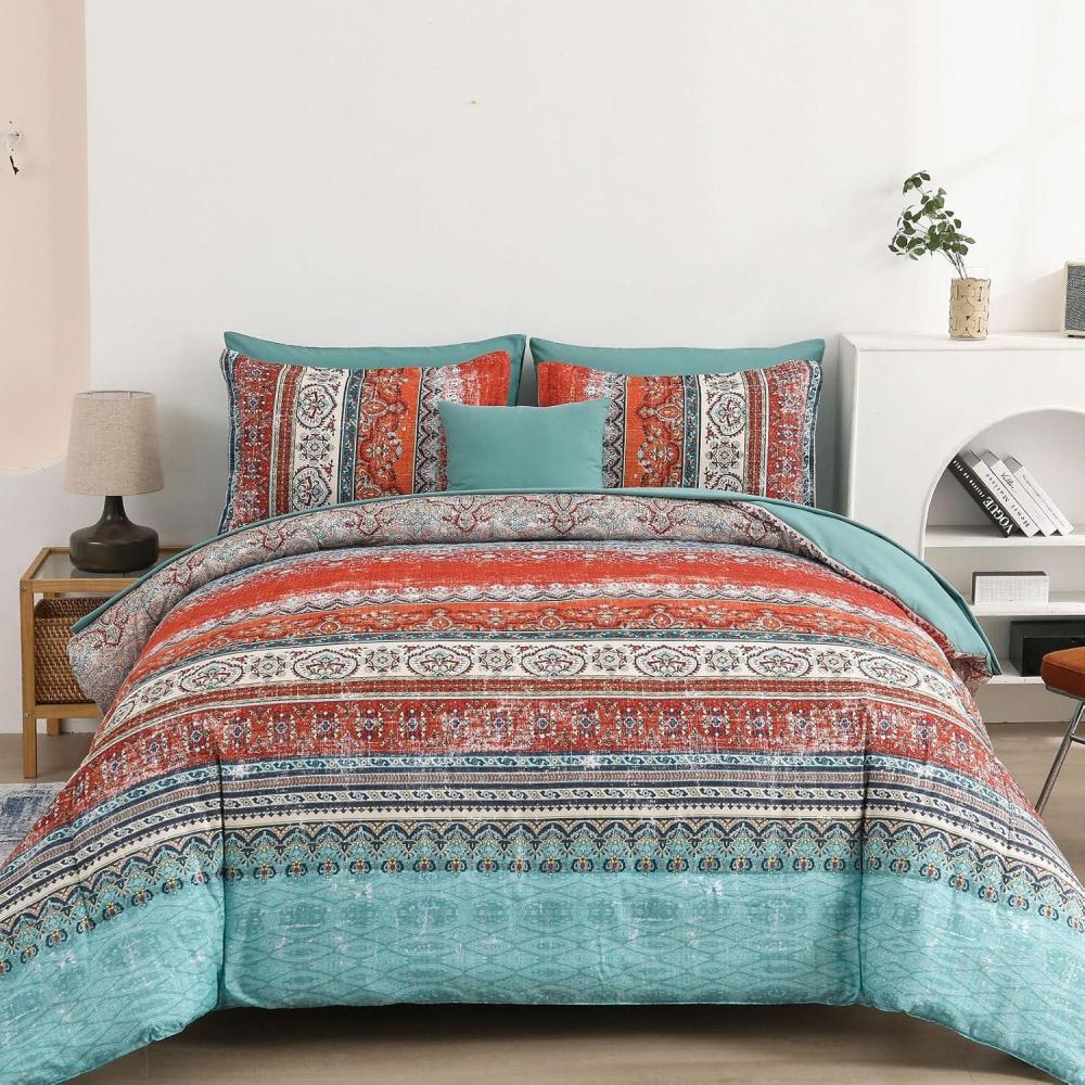 imageBoho Queen Comforter Set 8 Pieces Teal Comforter Bohemian Striped Bed in A BagSoft Microfiber Bedding Set for All SeasonsTerracotta