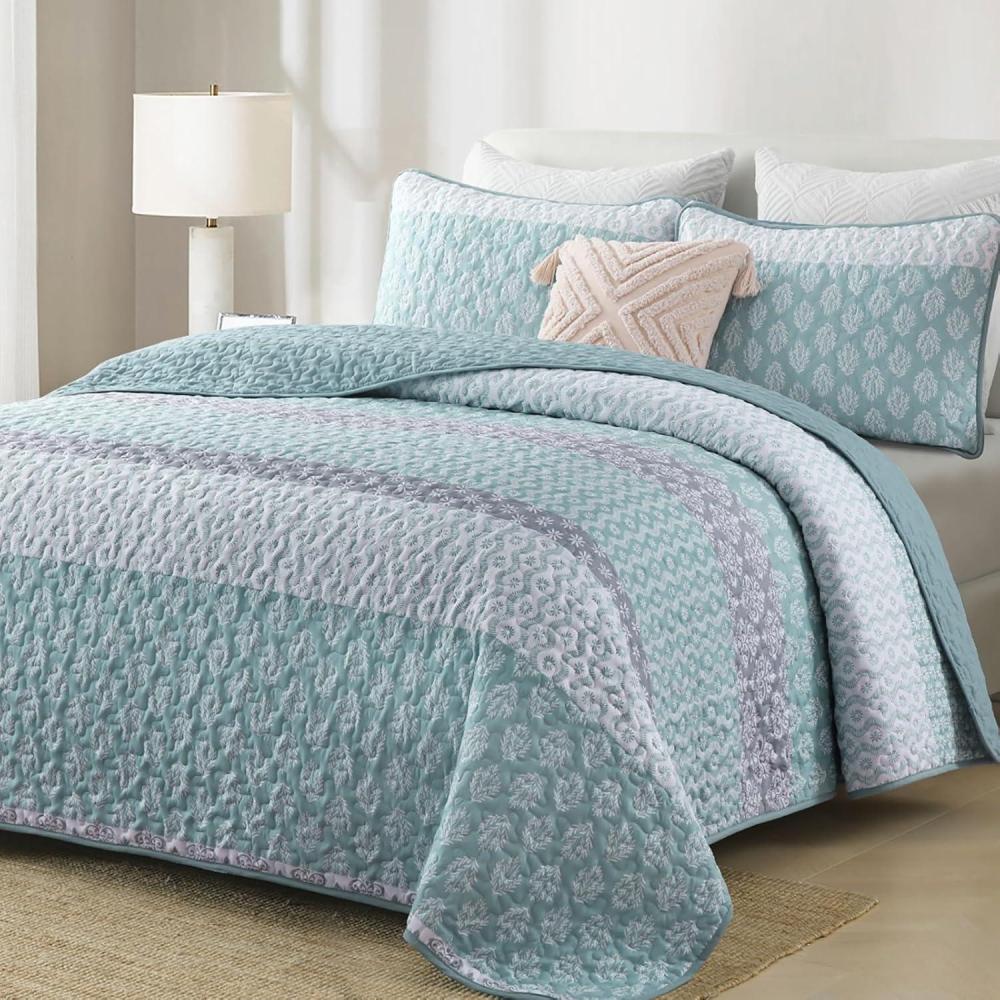 imageCottolester Aqua Quilt Set Queen Size Boho Striped Bedspread Lightweight Soft Microfiber Bedding Set 96quotx90quot 3 PiecesAqua