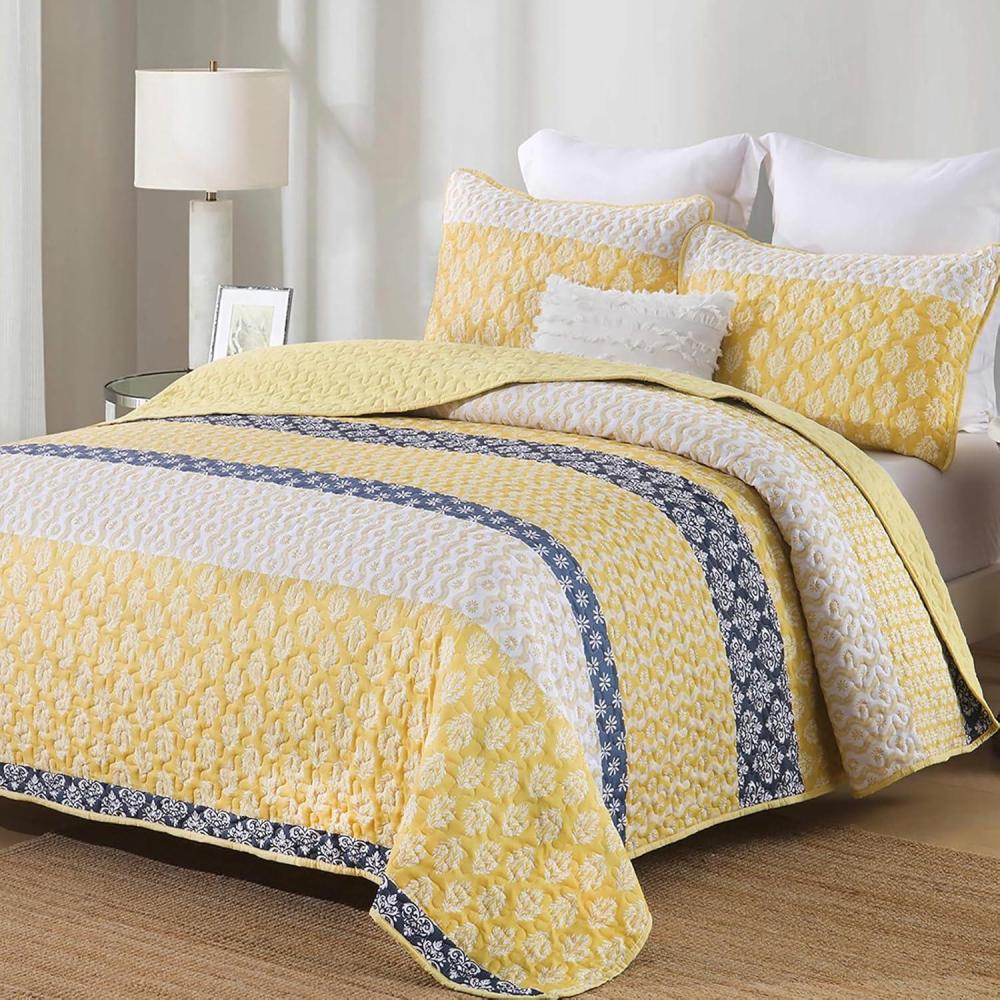 imageCottolester Aqua Quilt Set Queen Size Boho Striped Bedspread Lightweight Soft Microfiber Bedding Set 96quotx90quot 3 PiecesYellow
