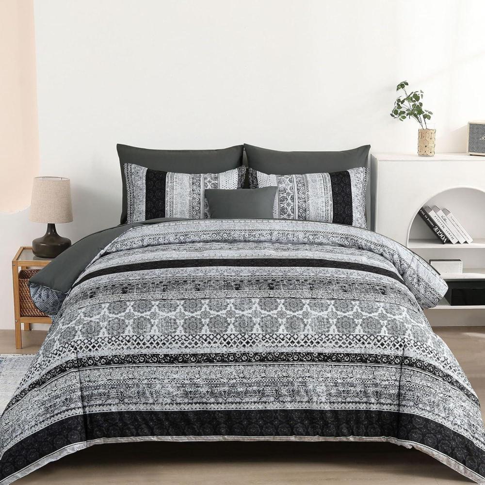 imageCottolester Boho Comforter Set Queen Size8 Piece Bed in a Bag Bohemian Striped Bedding Quilt SetPurple Paisley Floral Comforter and Sheet SetSoft Microfiber Complete Bedding Sets for All SeasonGray