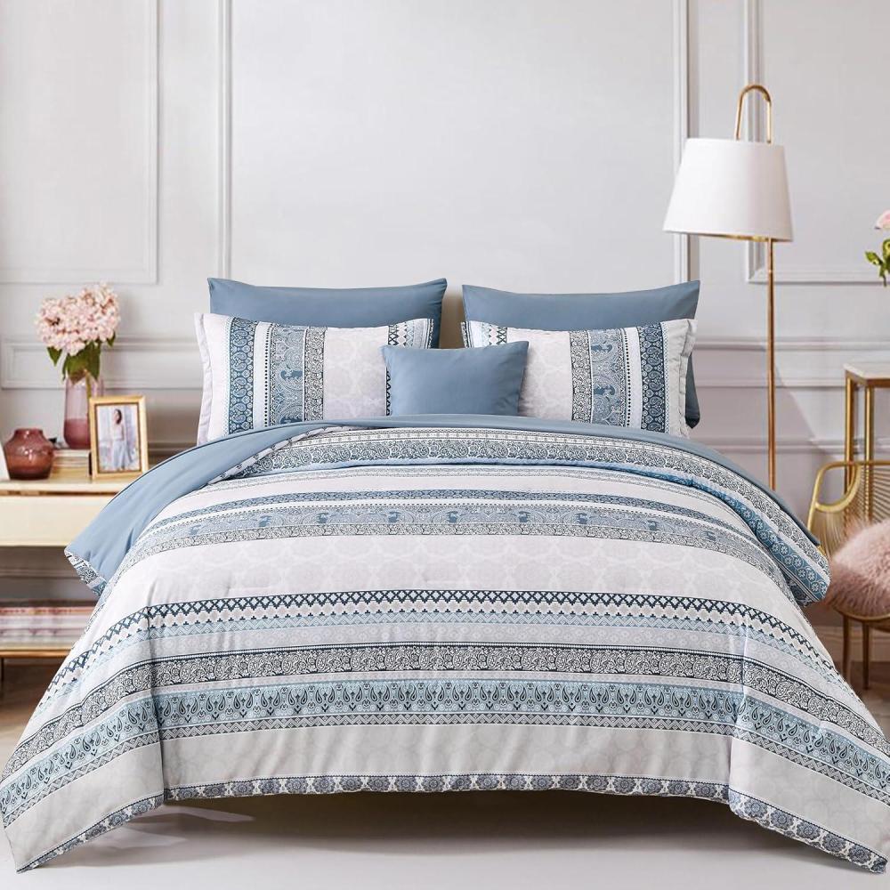 imageCottolester Boho Comforter Set Queen Size8 Piece Bed in a Bag Bohemian Striped Bedding Quilt SetPurple Paisley Floral Comforter and Sheet SetSoft Microfiber Complete Bedding Sets for All SeasonLight Blue