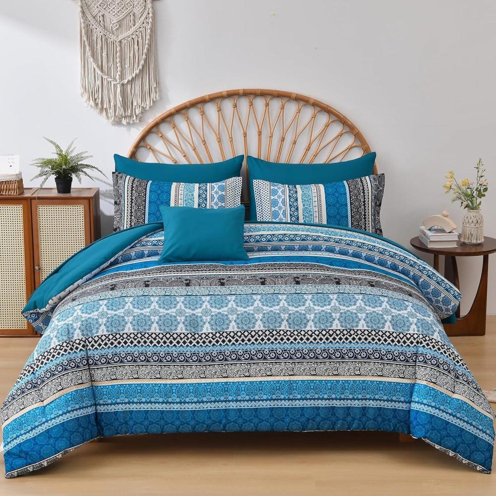 imageCottolester Boho Comforter Set Queen Size8 Piece Bed in a Bag Bohemian Striped Bedding Quilt SetPurple Paisley Floral Comforter and Sheet SetSoft Microfiber Complete Bedding Sets for All SeasonTeal Blue