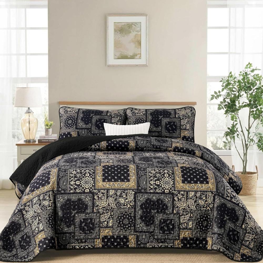 imageCottolester Queen Quilt Set 3 PiecesEmerald Green Patchwork Quilt SetBoho Farmhouse Bedspread Soft Microfiber Bedding Set 96quotx90quotBlack Gold