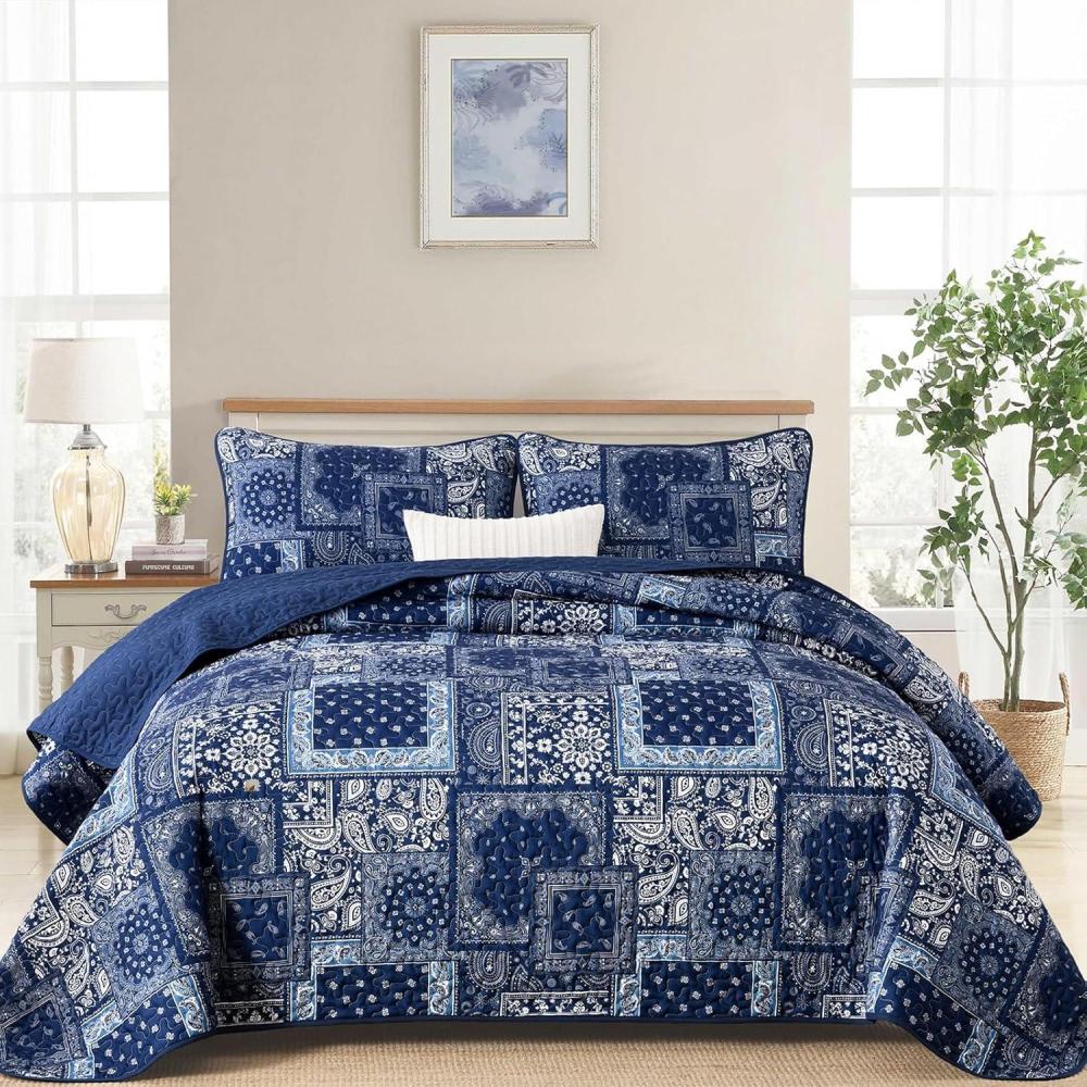 imageCottolester Queen Quilt Set 3 PiecesEmerald Green Patchwork Quilt SetBoho Farmhouse Bedspread Soft Microfiber Bedding Set 96quotx90quotBlue