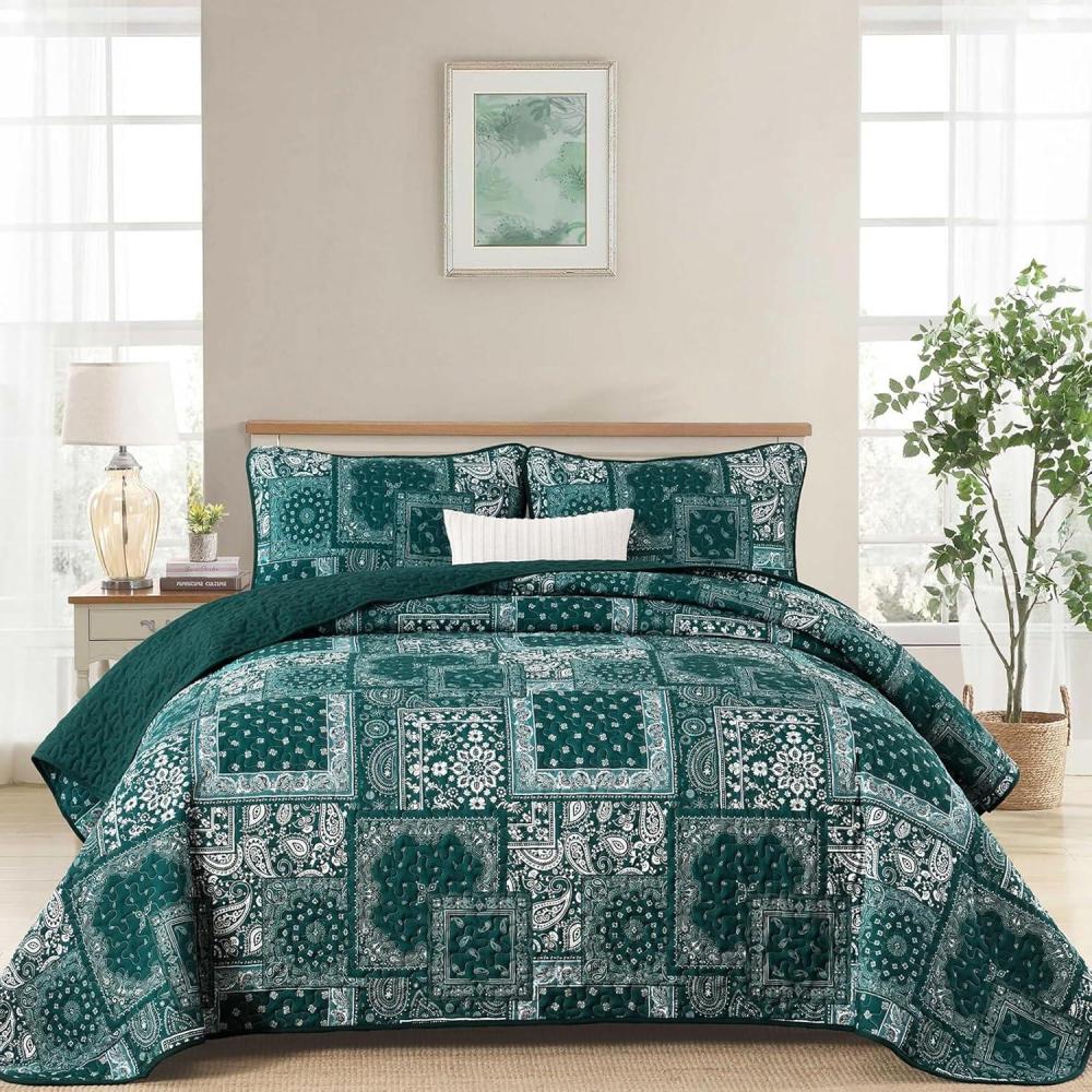 imageCottolester Queen Quilt Set 3 PiecesEmerald Green Patchwork Quilt SetBoho Farmhouse Bedspread Soft Microfiber Bedding Set 96quotx90quotEmerald Green