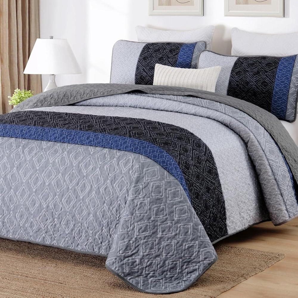 imageCottolester Queen Quilt Set 3 PiecesGray and Blue Striped Quilt SetBoho Farmhouse Bedspread Soft Microfiber Bedding Set for All Season 96quotx90quotGray and Blue