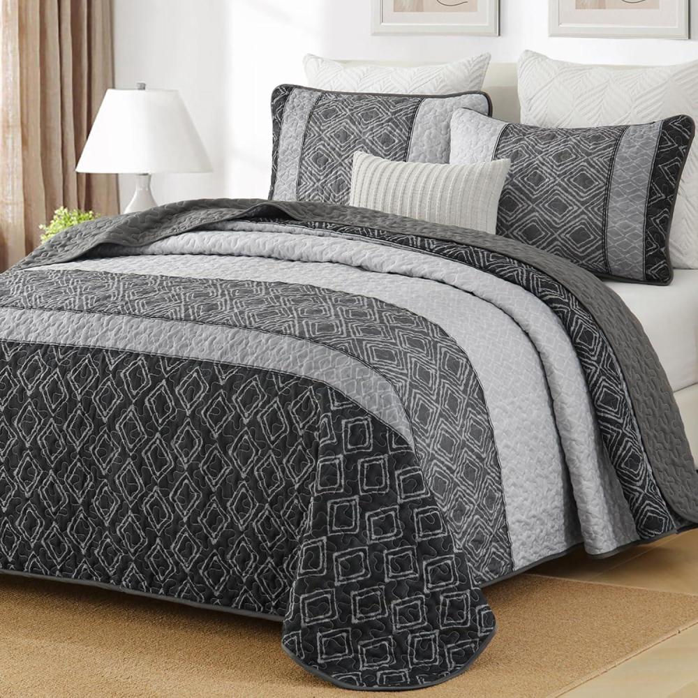 imageCottolester Queen Quilt Set 3 PiecesGray and Blue Striped Quilt SetBoho Farmhouse Bedspread Soft Microfiber Bedding Set for All Season 96quotx90quotGrey