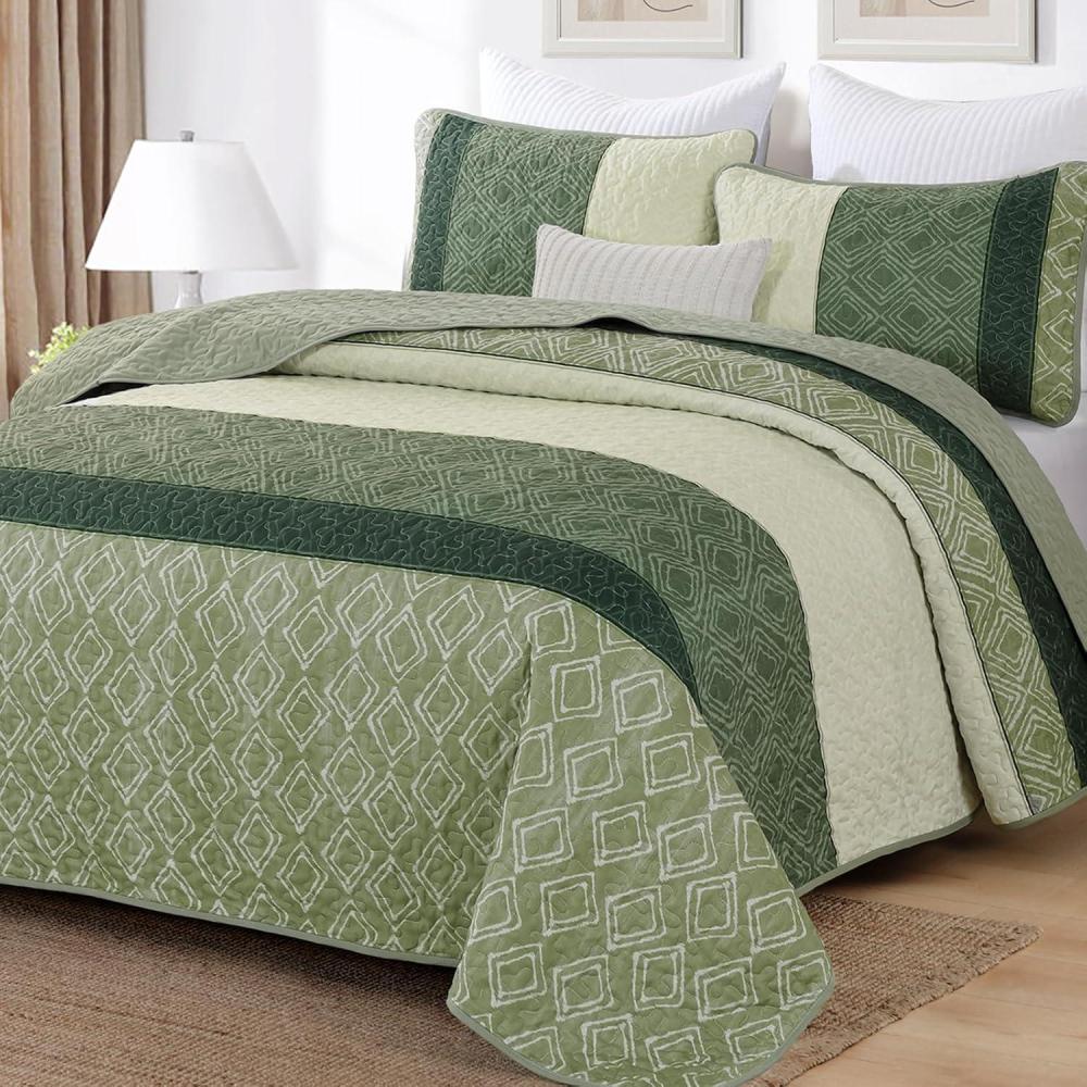 imageCottolester Queen Quilt Set 3 PiecesGray and Blue Striped Quilt SetBoho Farmhouse Bedspread Soft Microfiber Bedding Set for All Season 96quotx90quotGreen