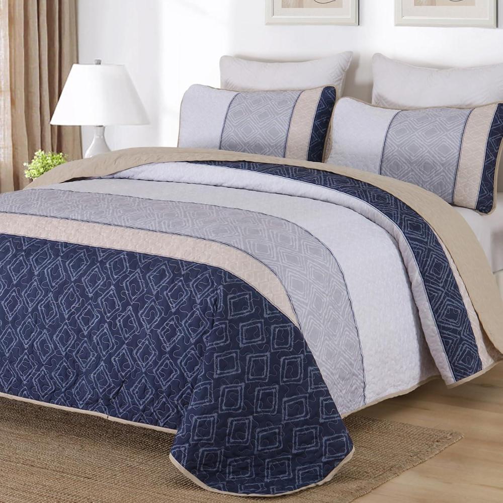 imageCottolester Queen Quilt Set 3 PiecesGray and Blue Striped Quilt SetBoho Farmhouse Bedspread Soft Microfiber Bedding Set for All Season 96quotx90quotGray and Yellow