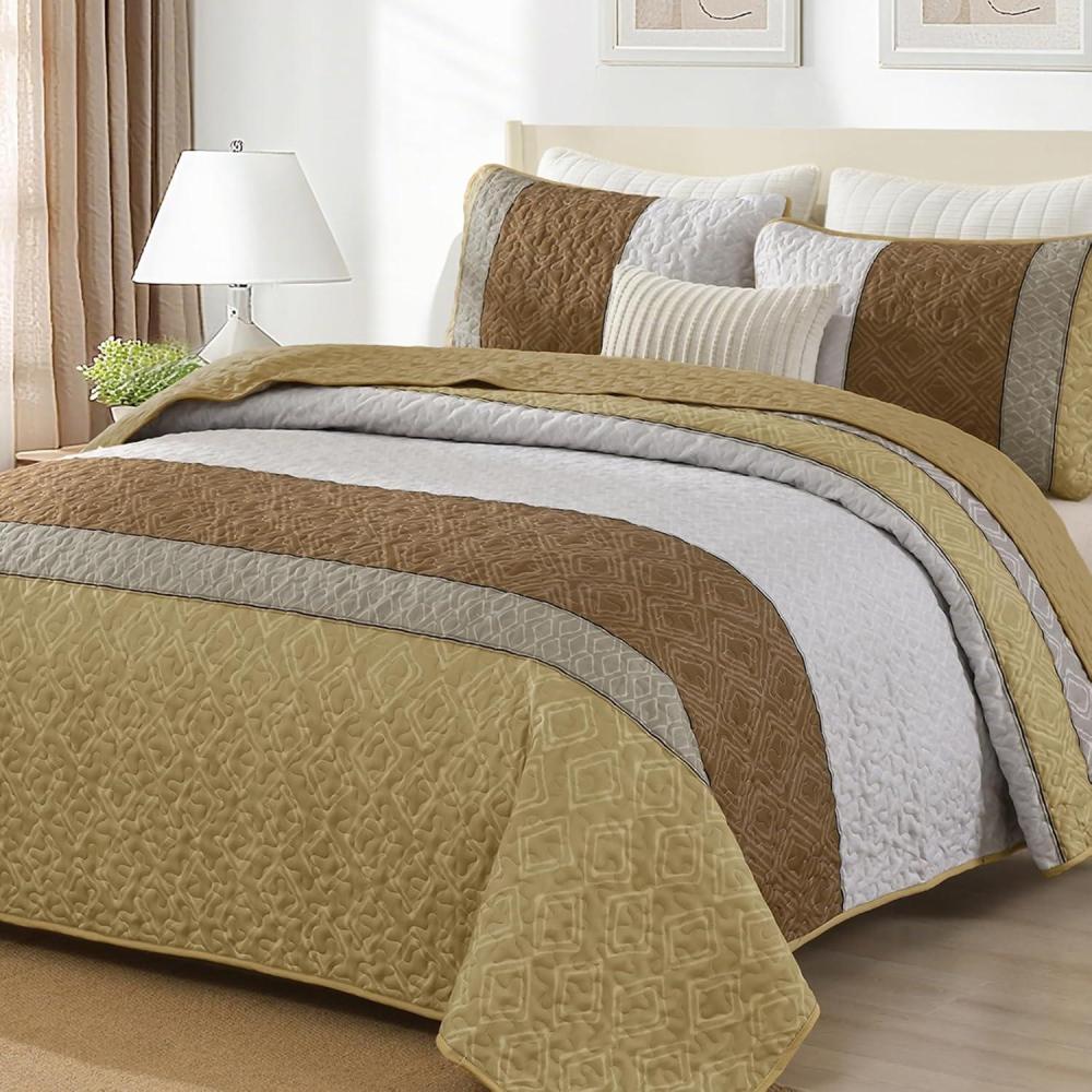 imageCottolester Queen Quilt Set 3 PiecesGray and Blue Striped Quilt SetBoho Farmhouse Bedspread Soft Microfiber Bedding Set for All Season 96quotx90quotKhaki and Brown