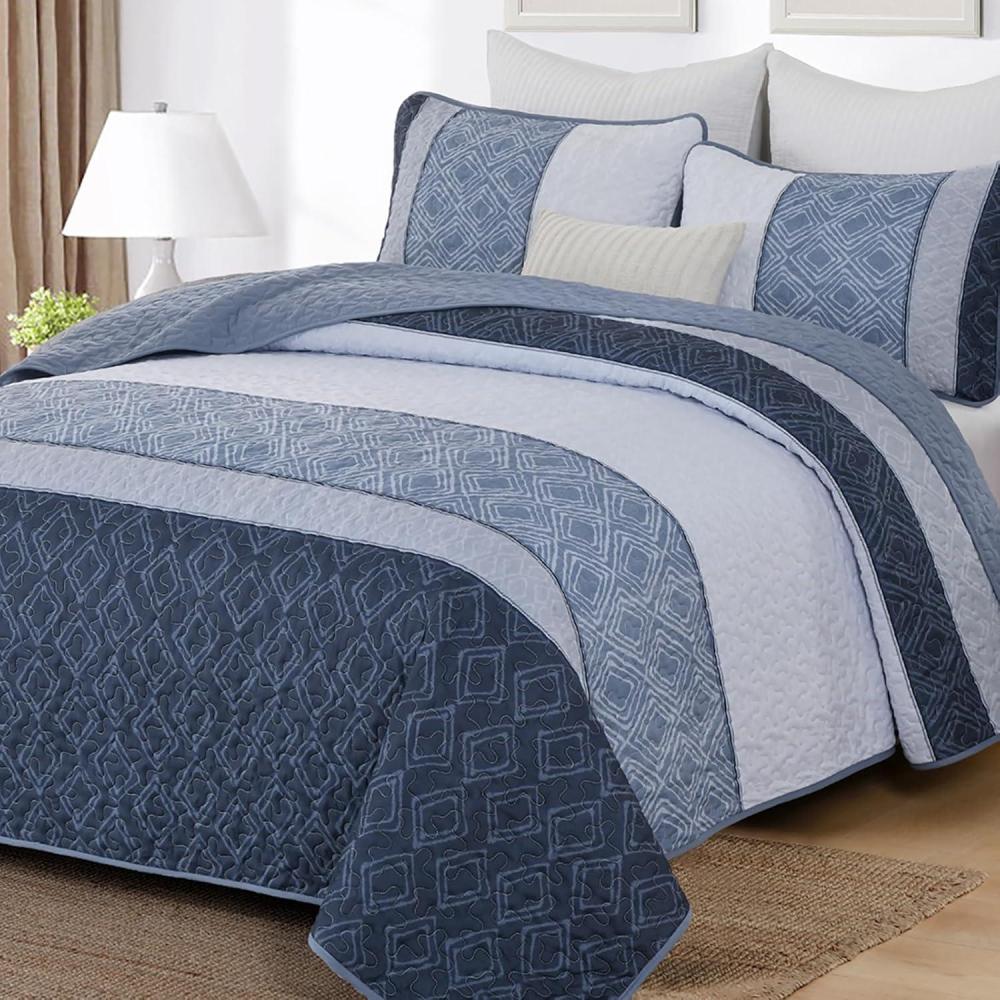 imageCottolester Queen Quilt Set 3 PiecesGray and Blue Striped Quilt SetBoho Farmhouse Bedspread Soft Microfiber Bedding Set for All Season 96quotx90quotMineral Blue