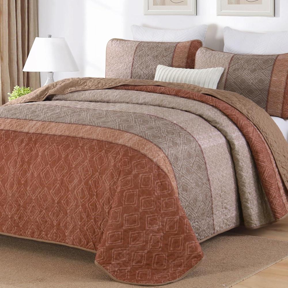 imageCottolester Queen Quilt Set 3 PiecesGray and Blue Striped Quilt SetBoho Farmhouse Bedspread Soft Microfiber Bedding Set for All Season 96quotx90quotRed Orange