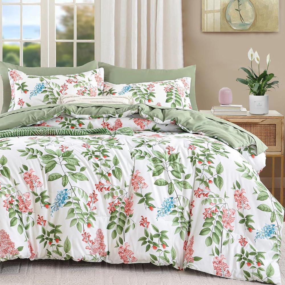 imageQueen Comforter Set 7 Pieces Floral Comforter Bed in A BagCoral Botanical Comforter Set with PillowcasesSoft Microfiber Complete Bedding Sets for All SeasonGreen