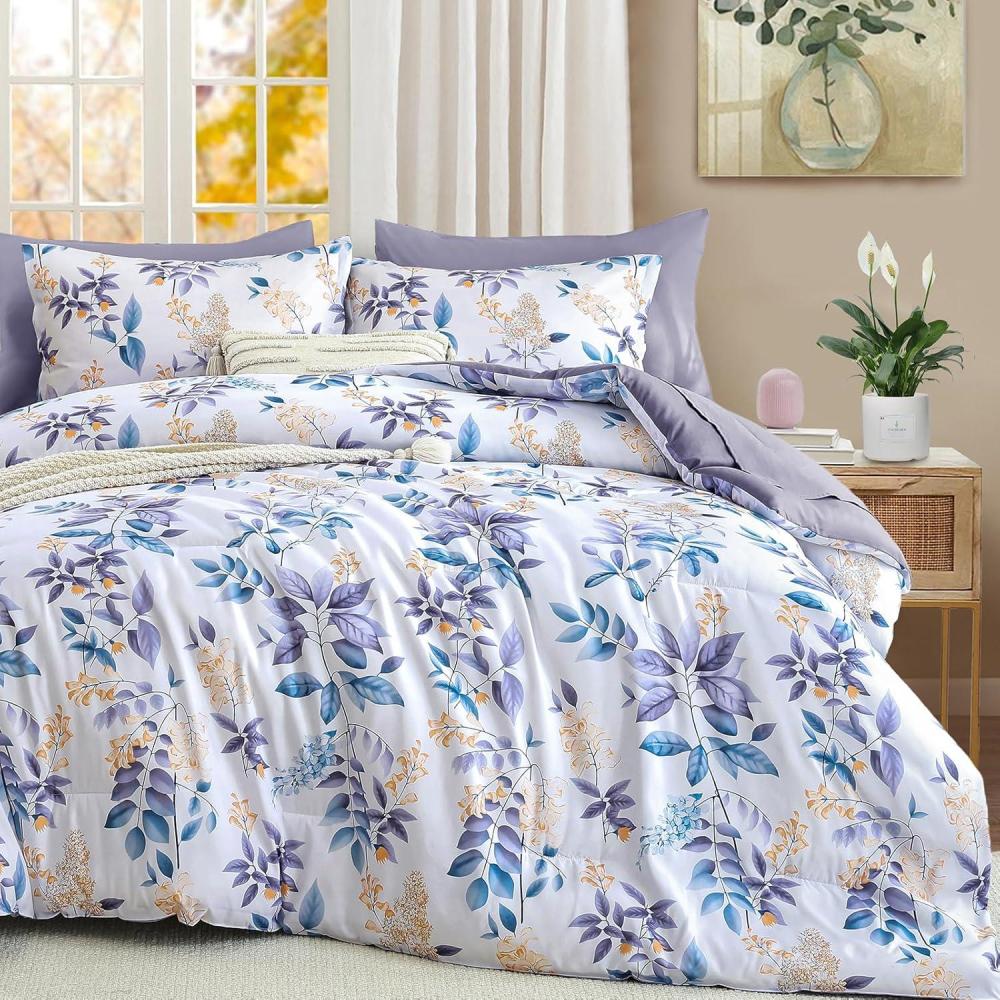 imageQueen Comforter Set 7 Pieces Floral Comforter Bed in A BagCoral Botanical Comforter Set with PillowcasesSoft Microfiber Complete Bedding Sets for All SeasonPurple