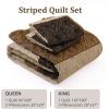 imageCottolester Queen Quilt Set 3 PiecesGray and Blue Striped Quilt SetBoho Farmhouse Bedspread Soft Microfiber Bedding Set for All Season 96quotx90quotLight Brown