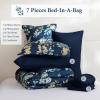 imageQueen Comforter Set 7 Pieces Floral Comforter Bed in A BagCoral Botanical Comforter Set with PillowcasesSoft Microfiber Complete Bedding Sets for All SeasonNavy Blue
