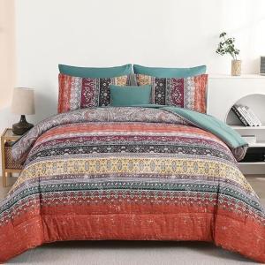 imageBoho Queen Comforter Set 8 Pieces Teal Comforter Bohemian Striped Bed in A BagSoft Microfiber Bedding Set for All SeasonsOrange and Green