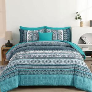 imageBoho Queen Comforter Set 8 Pieces Teal Comforter Bohemian Striped Bed in A BagSoft Microfiber Bedding Set for All SeasonsTeal