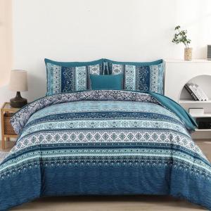 imageBoho Queen Comforter Set 8 Pieces Teal Comforter Bohemian Striped Bed in A BagSoft Microfiber Bedding Set for All SeasonsTeal Blue