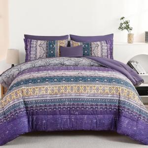 imageBoho Queen Comforter Set 8 Pieces Teal Comforter Bohemian Striped Bed in A BagSoft Microfiber Bedding Set for All SeasonsViolet