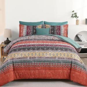 imageBoho Queen Comforter Set 8 PiecesOrange and Green Bohemian Striped Bed in a BagPaisley Soft Microfiber Bedding Comforter Set