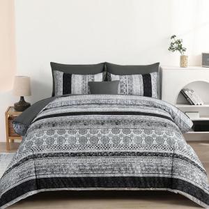 imageCottolester Boho Comforter Set Queen Size8 Piece Bed in a Bag Bohemian Striped Bedding Quilt SetPurple Paisley Floral Comforter and Sheet SetSoft Microfiber Complete Bedding Sets for All SeasonGray