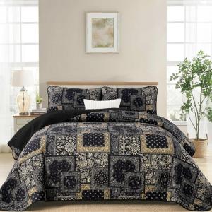 imageCottolester Queen Quilt Set 3 PiecesEmerald Green Patchwork Quilt SetBoho Farmhouse Bedspread Soft Microfiber Bedding Set 96quotx90quotBlack Gold